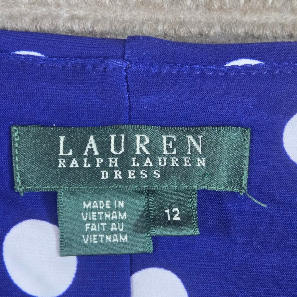 Lauren Ralph Lauren Womens 12 Blue Polka Dot Cowl Neck Ruched Sheath Dress - Picture 6 of 8